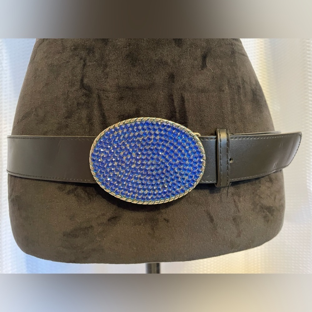 Black 1 1/2” Belt With Blue Rhinestone Buckle OS NWOT